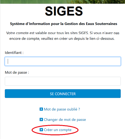 Page de création de compte sur les SIGES