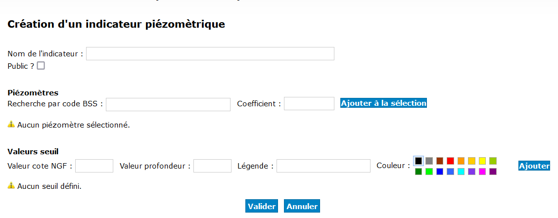 Page de création d’un indicateur piézométrique