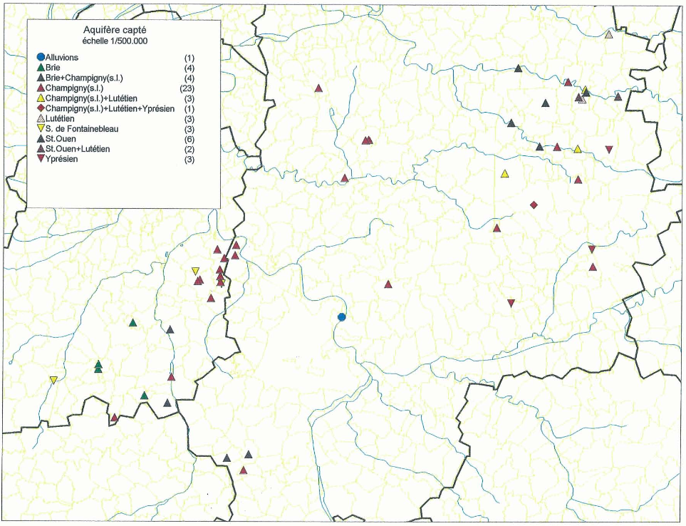 Répartition par aquifère des captages présentant des anomalies en sélénium dans l’Essonne et la Seine-et-Marne 