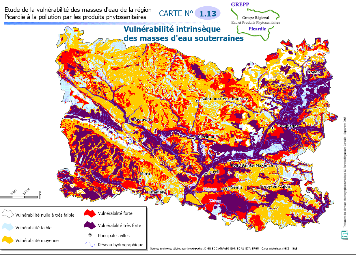 Carte de vulnérabilité intrinsèque des masses d’eau souterraines du département de l’Oise (GREPP)