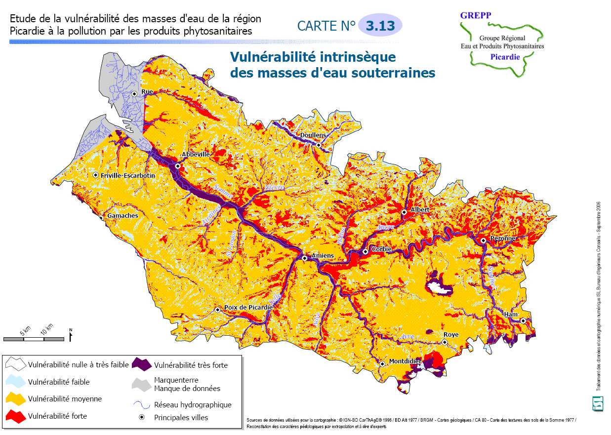 Carte de vulnérabilité intrinsèque des masses d’eau souterraines du département de la Somme (GREPP)
