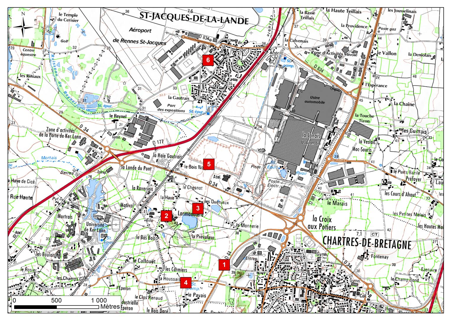 Localisation des arrêts de la balade du secteur de Chartres-de-Bretagne