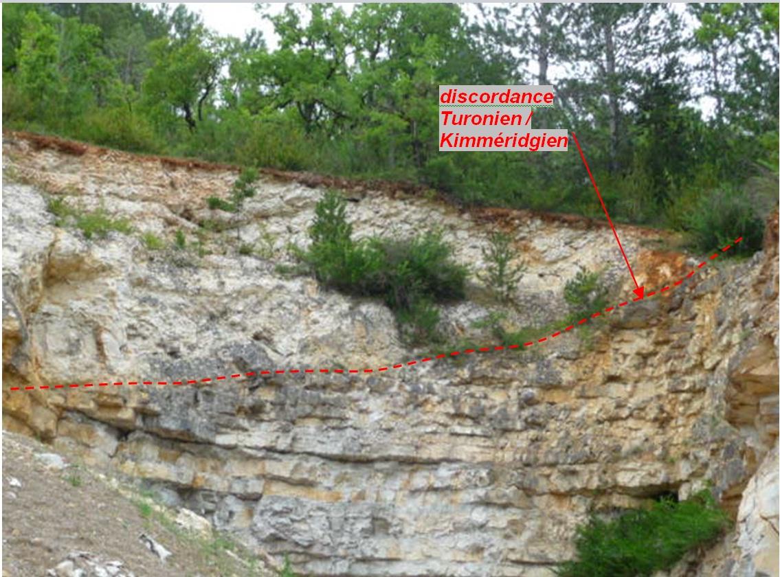 Figure 1 - Discordance angulaire des calcaires crayeux blancs du Turonien inférieur sur les calcaires micritiques gris du Kimméridgien supérieur (Platel JP., 2013)