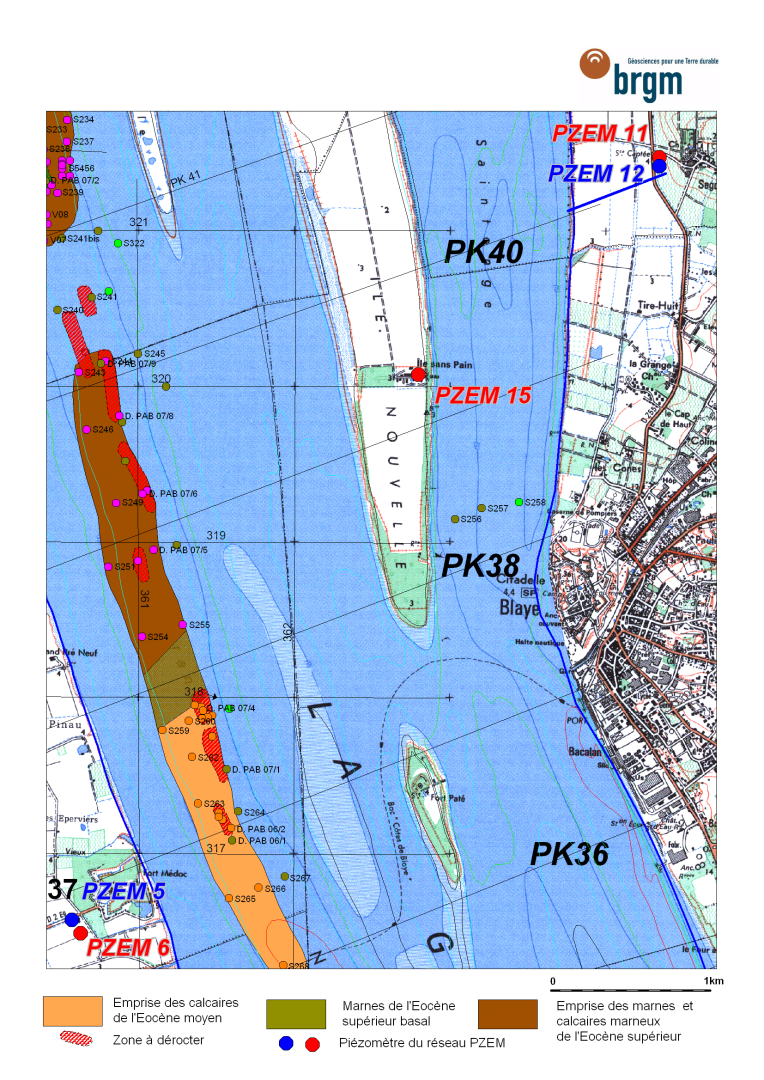 Figure 4 - Etendue des affleurements sous-fluviaux de l'Eocène, dans l'axe du chenal de Grande navigation et localisation du piézomètre PZEM 15 (© Platel JP., 2015)