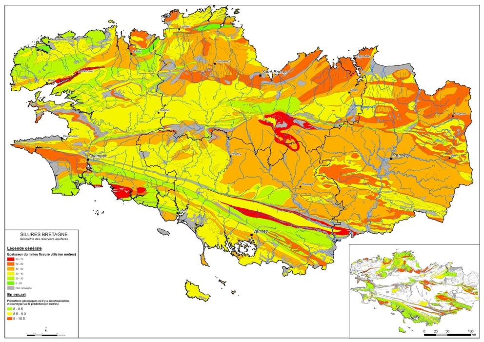 Epaisseur du milieu fissuré utile (en mètres). Echelle : 1/250 000. BRGM, 2008.