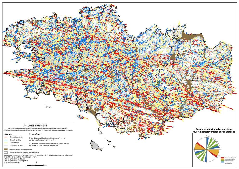 Valorisation des données de géophysiques aéroportées (magnétisme et spectrométrie) - Représentation des secteurs favorables et défavorables à l’implantation de forages d’eau en Bretagne. Echelle : 1/250 000. BRGM, 2008.