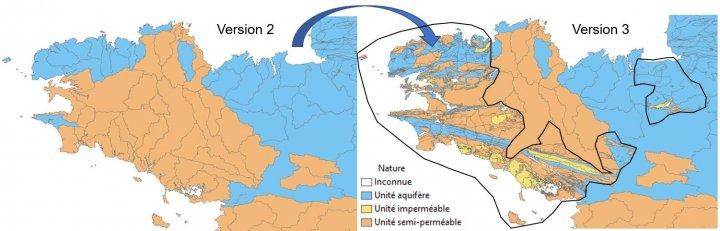 Evolution des entités du socle de Bretagne entre les versions 2 et 3