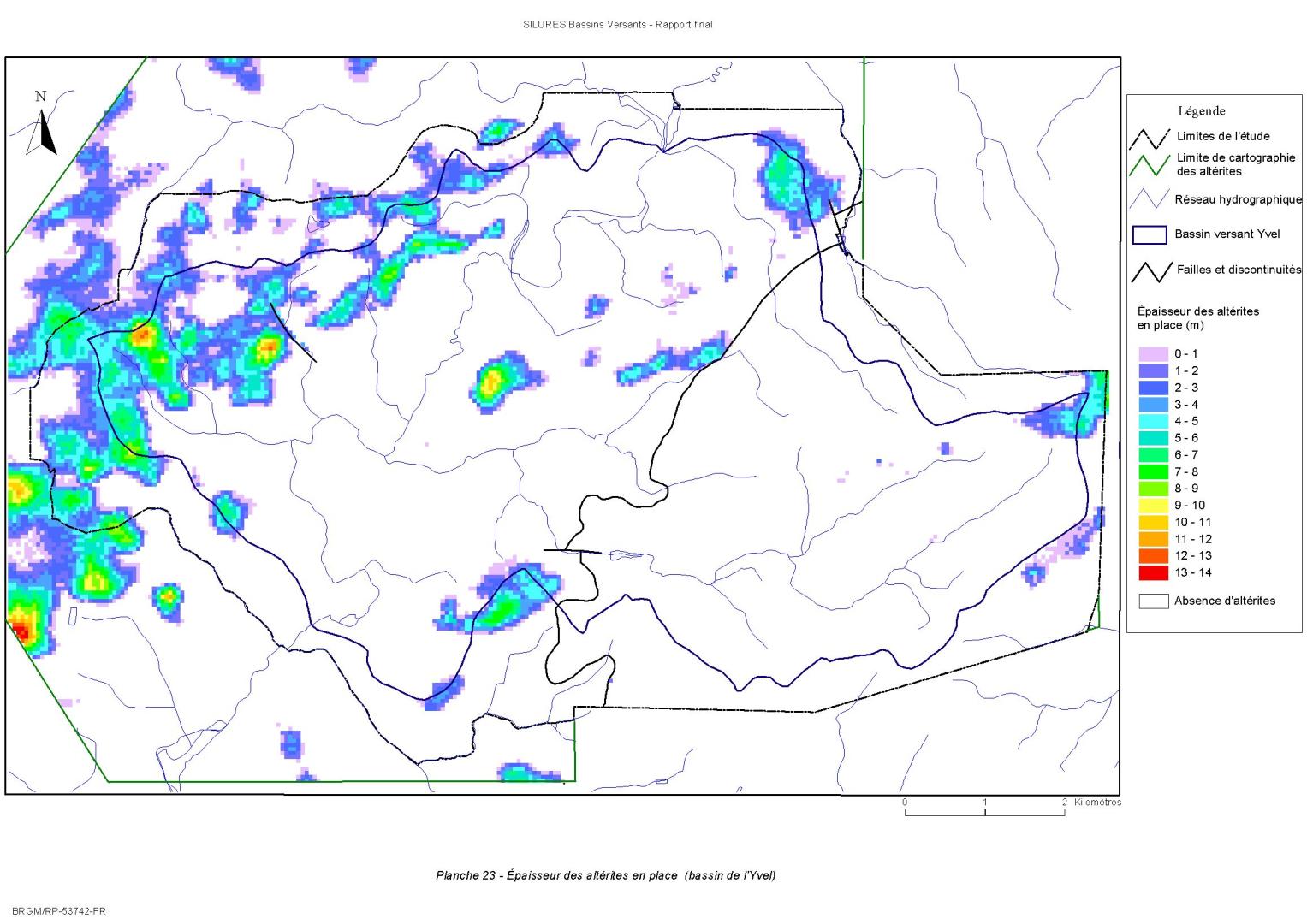 Epaisseur des altérites en place. Echelle : 1/50 000. BRGM, 2007.