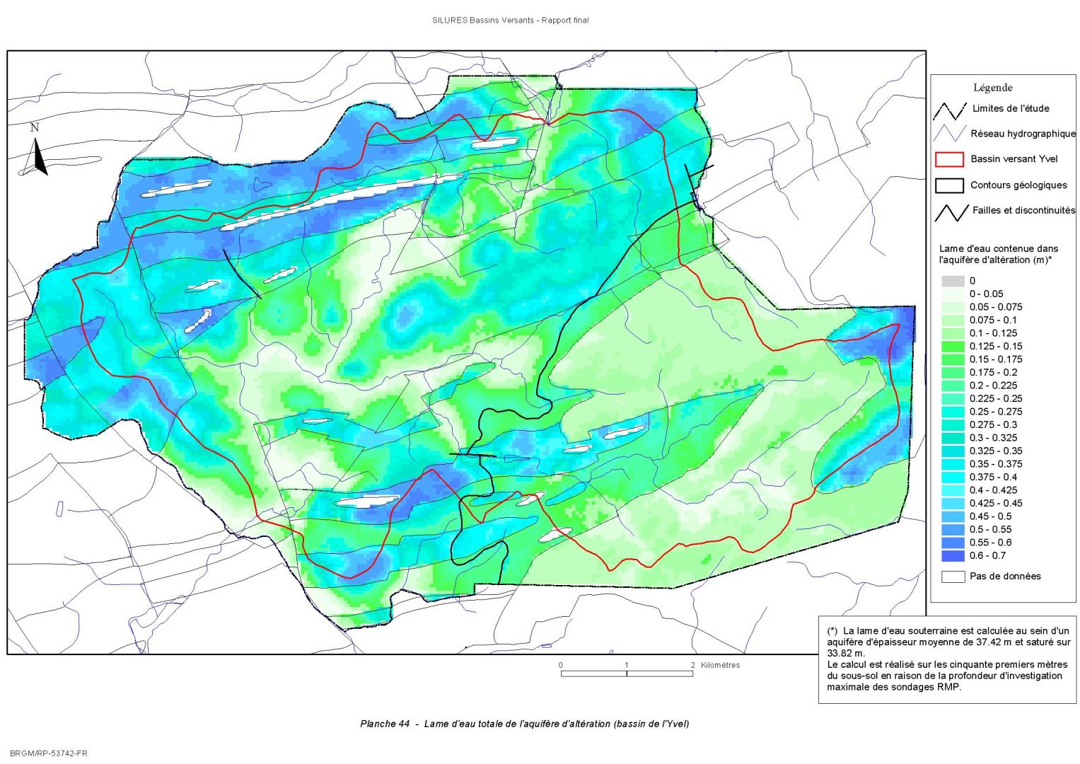 Lame d’eau totale de l’aquifère d’altération. Cet aquifère d’altération est constitué des altérites et de l’horizon fissuré supérieur et inférieur. Echelle : 1/50 000. BRGM, 2007.