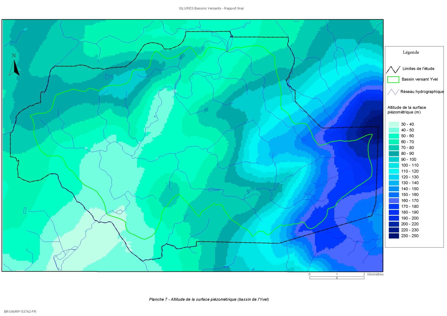 Altitude de la surface piézométrique. Niveau moyen de la surface de la nappe. Echelle : 1/50 000. BRGM, 2007.