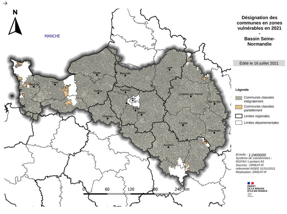 Carte de désignation des communes du bassin Seine-Normandie en zones vulnérables 
