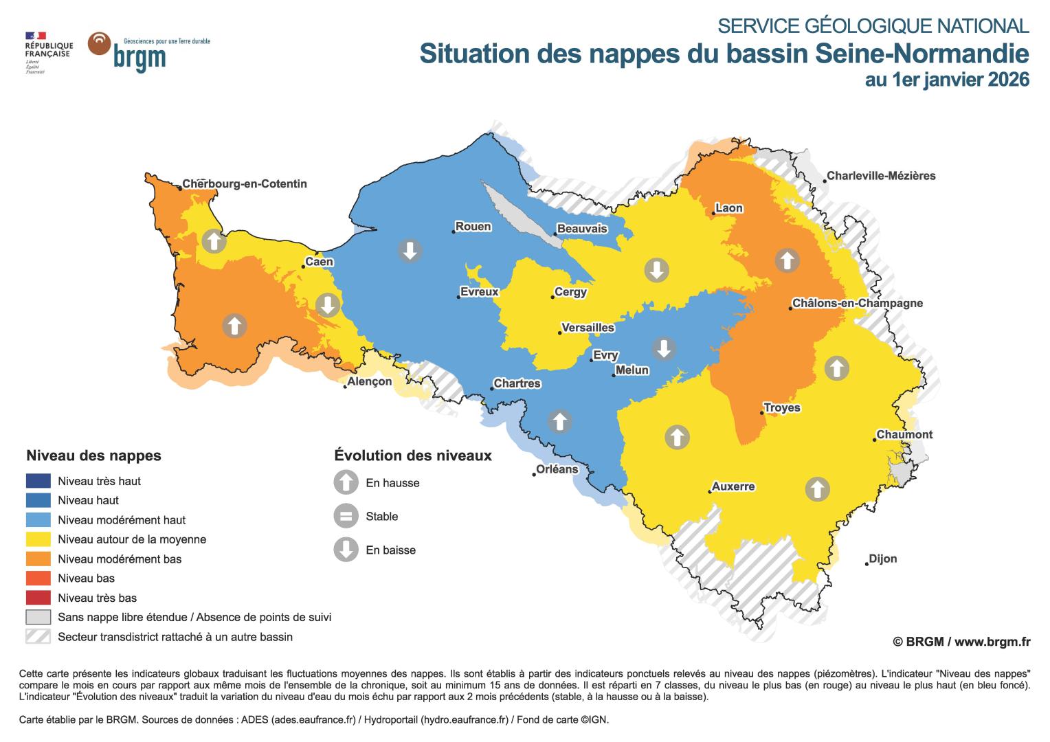 Carte mensuelle de situation des nappes - Bassin Seine-Normandie - 1er janvier 2026